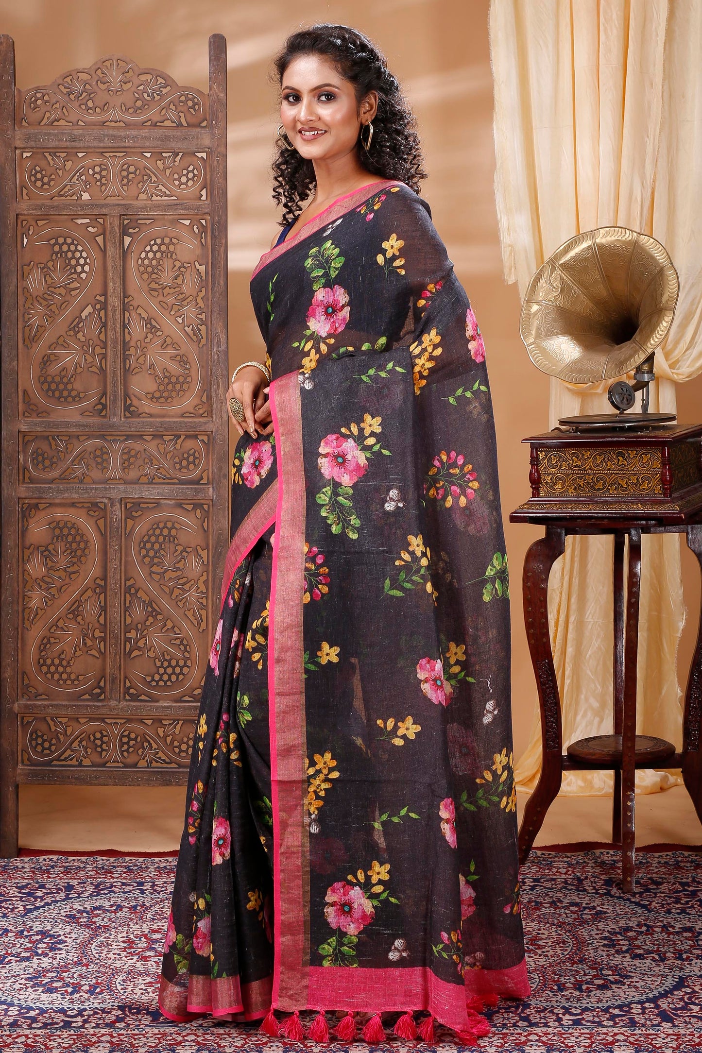 Black floral digitally printed linen saree