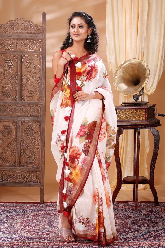 Flower with Tassel Digitally printed linen saree