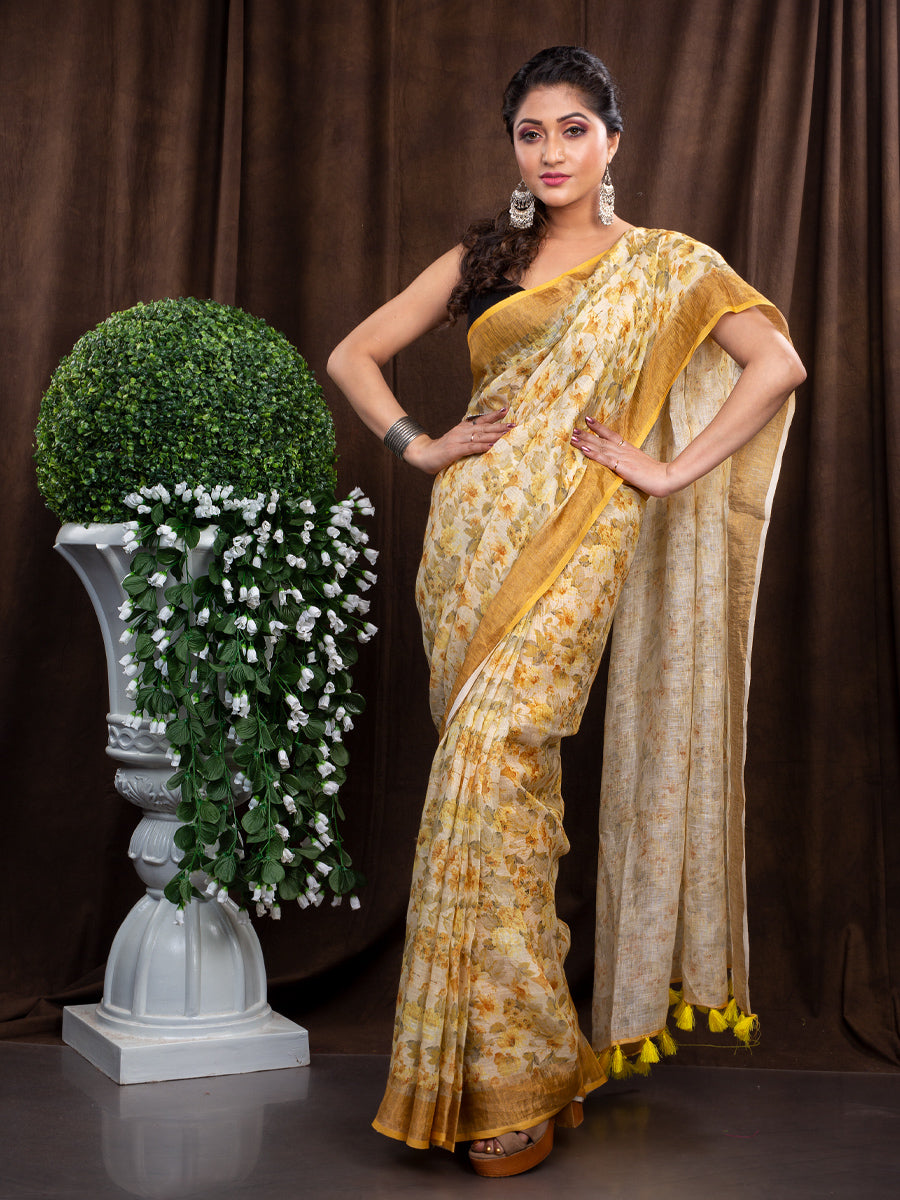Light yellow floral digitally printed flinen saree
