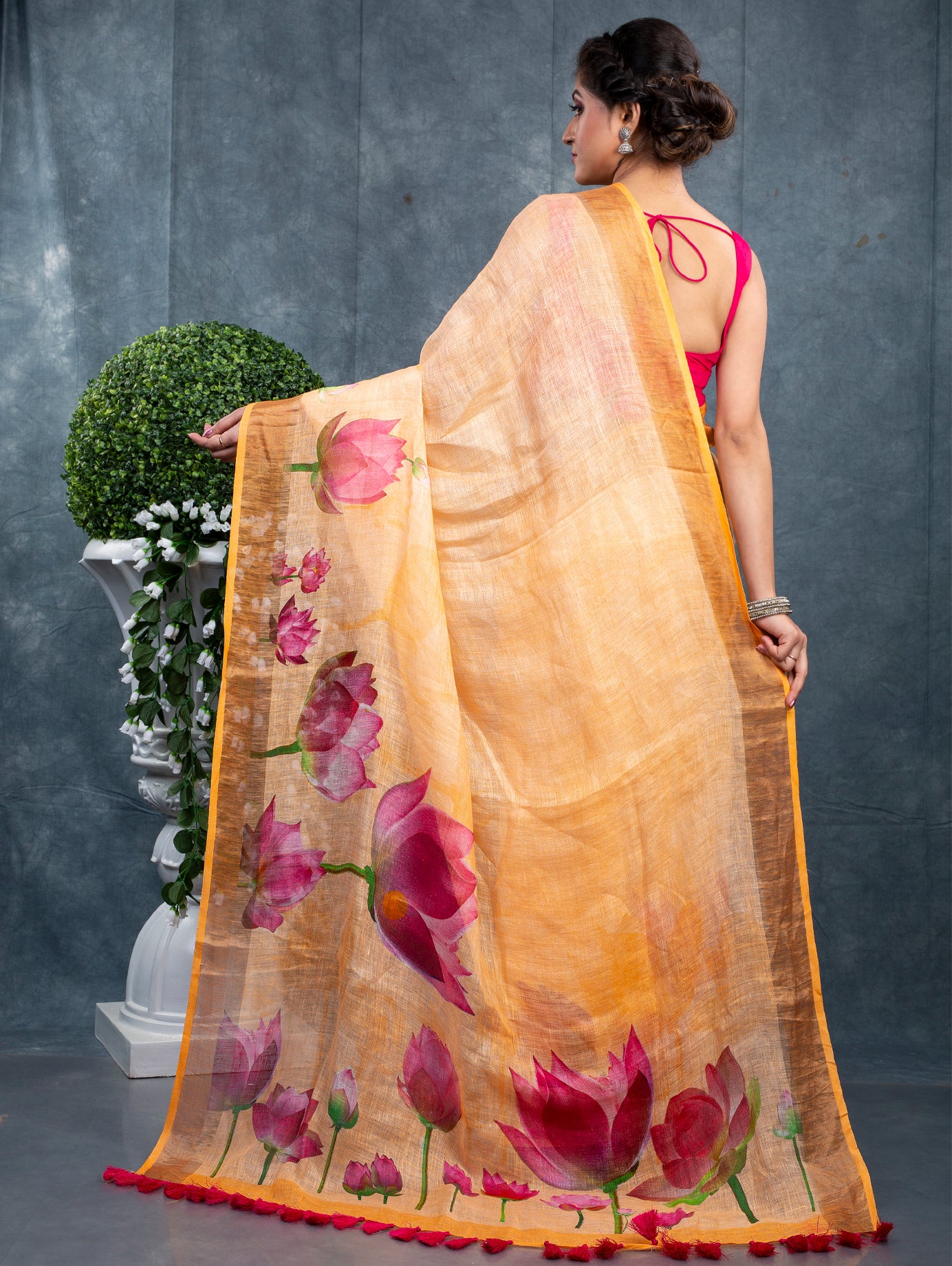 Lotus orange floral digitally printed linen saree