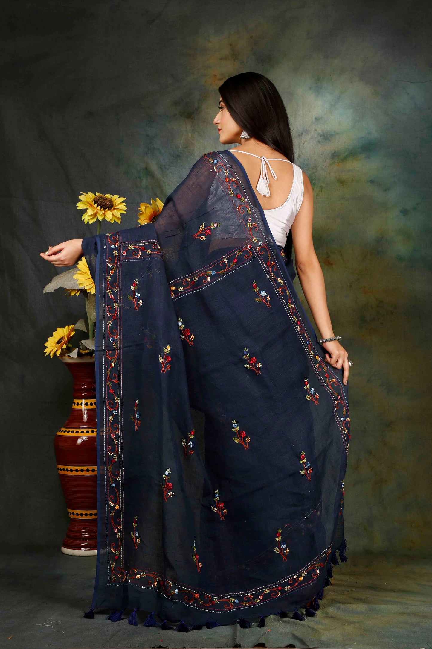 Linen hand embroidered saree