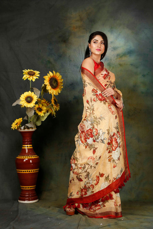 Floral digitally Printed linen saree
