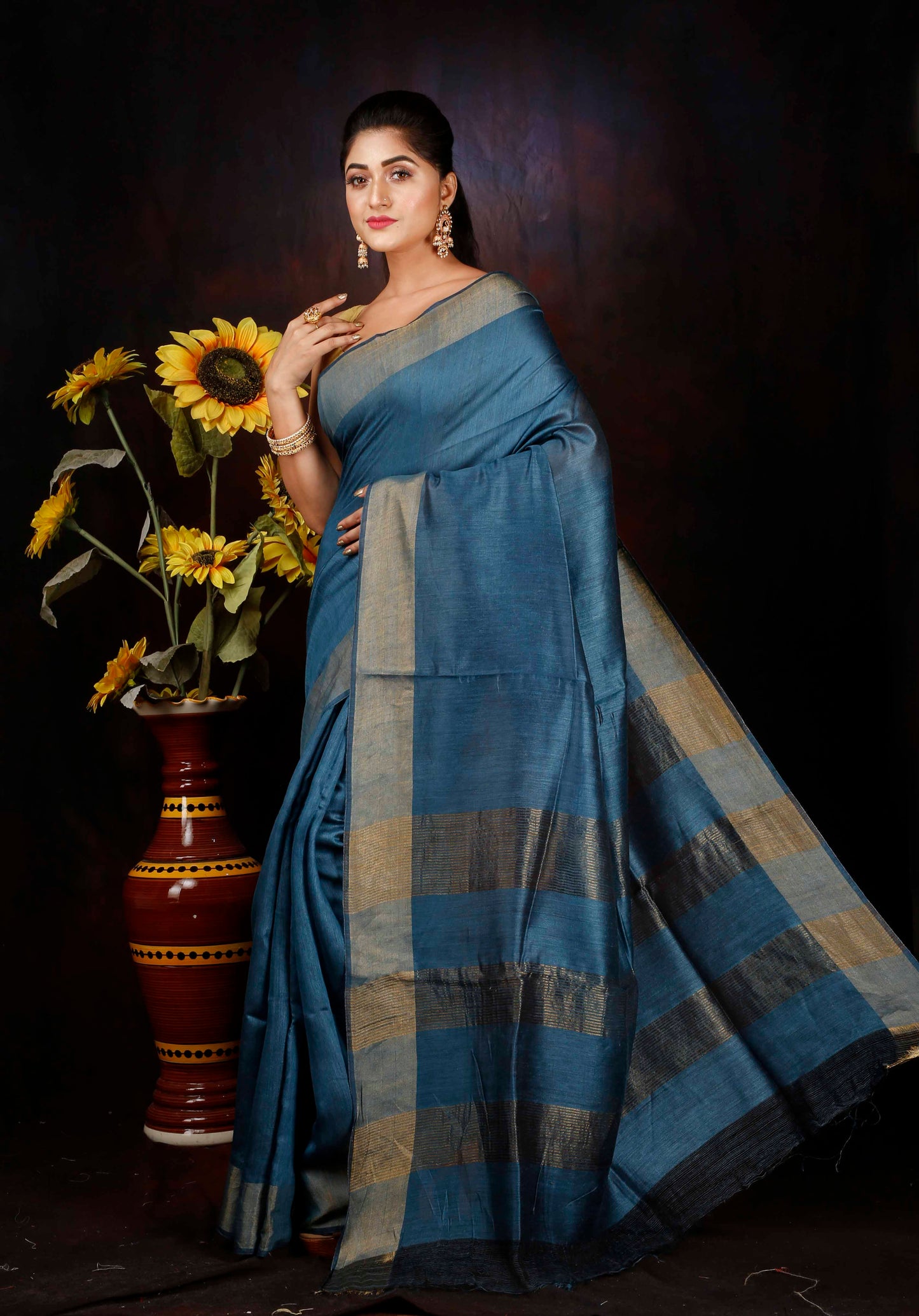 Royal Indigo Tassar silk zari border saree