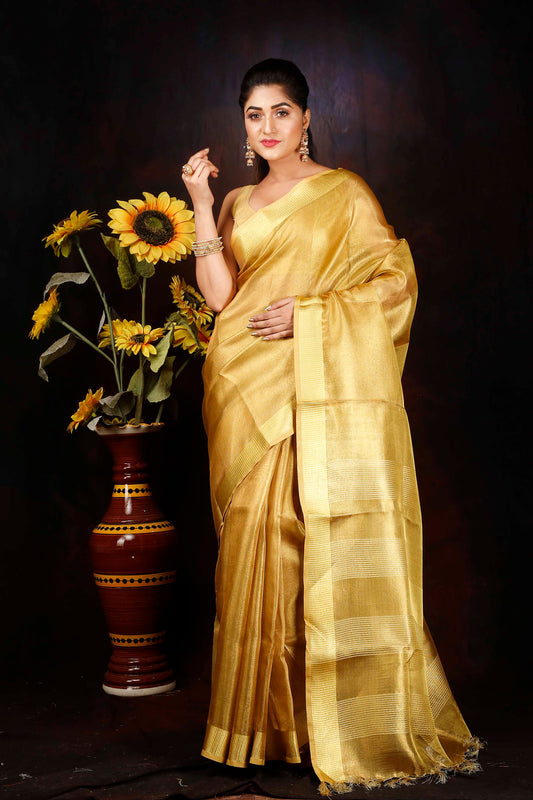 Gold Tissue Linen silk zari woven border saree
