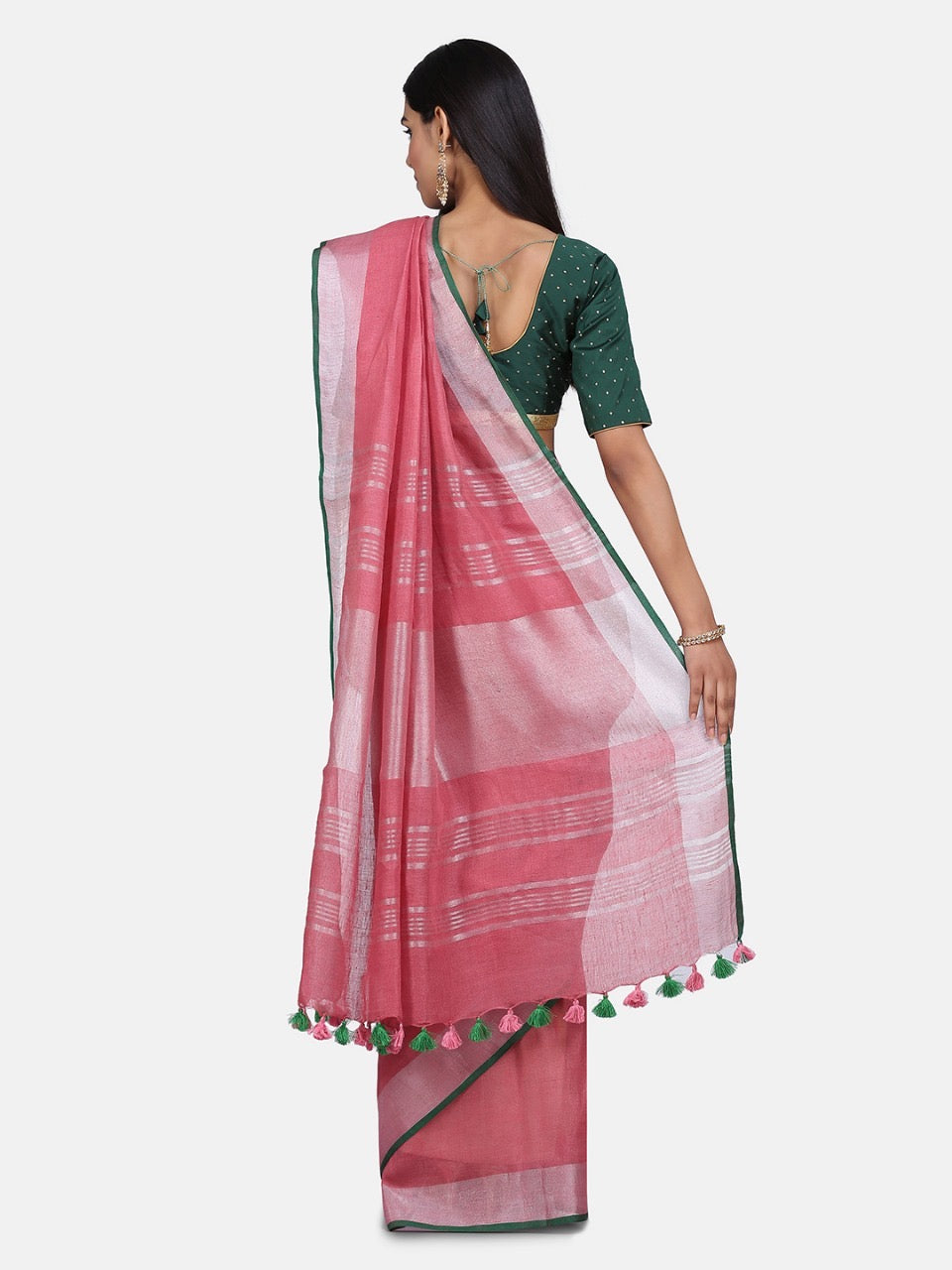 Pink Linen Saree with Green Zari Border.