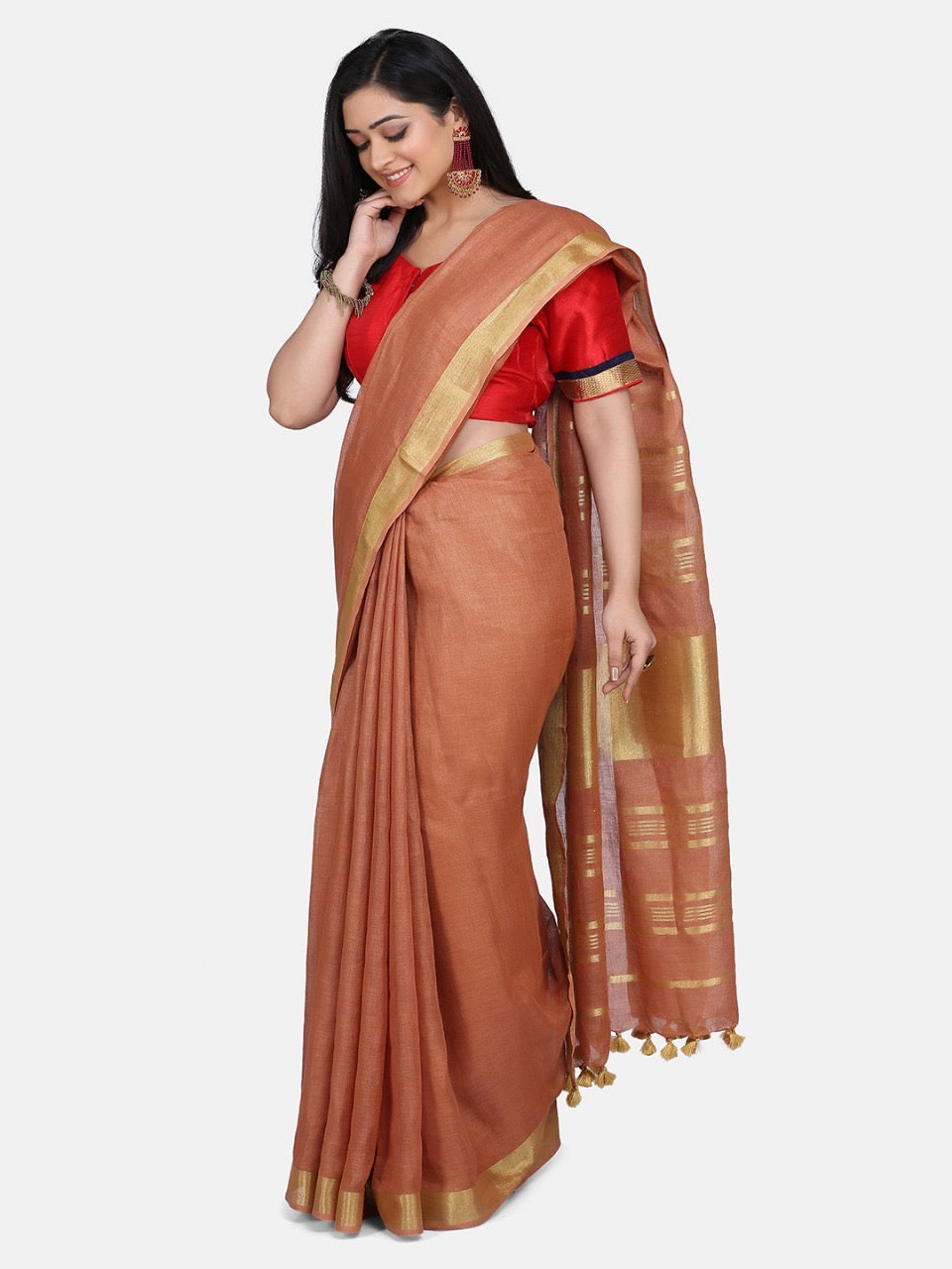 Brown Linen Saree with Gold Zari