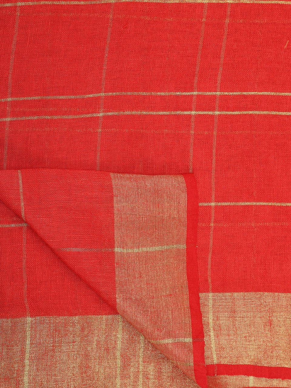 Red Linen Saree with Gold Zari