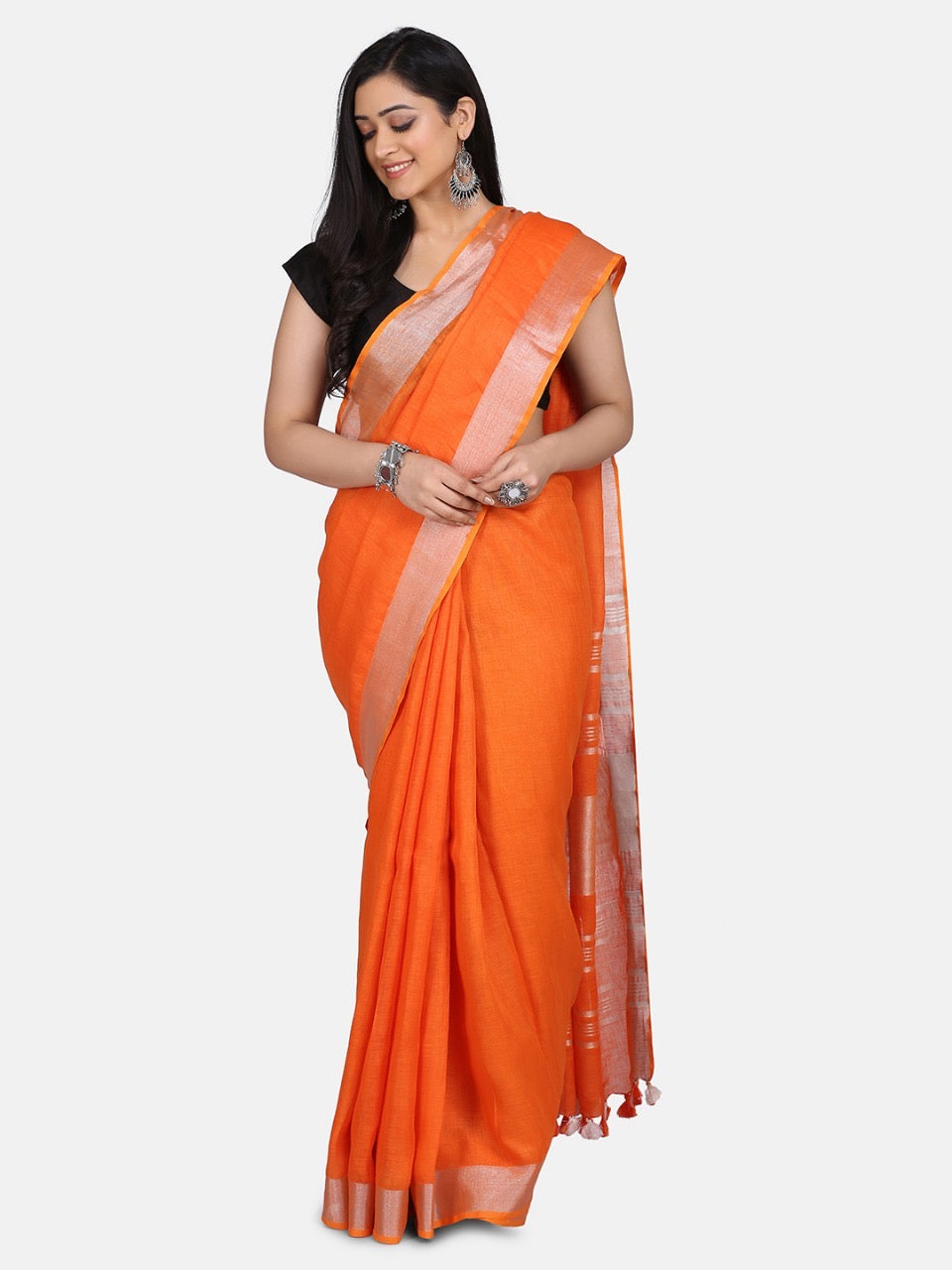 Orange Linen Saree with Silver Zari