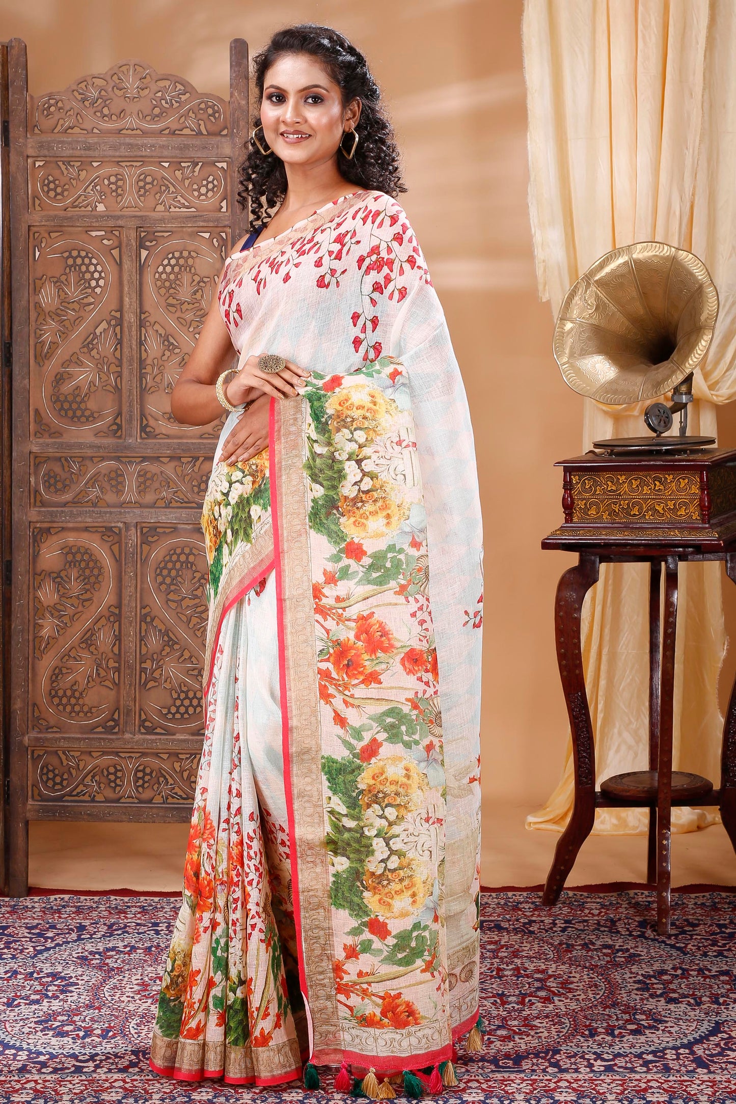 Off-White Floral Digitally Printed Linen Saree