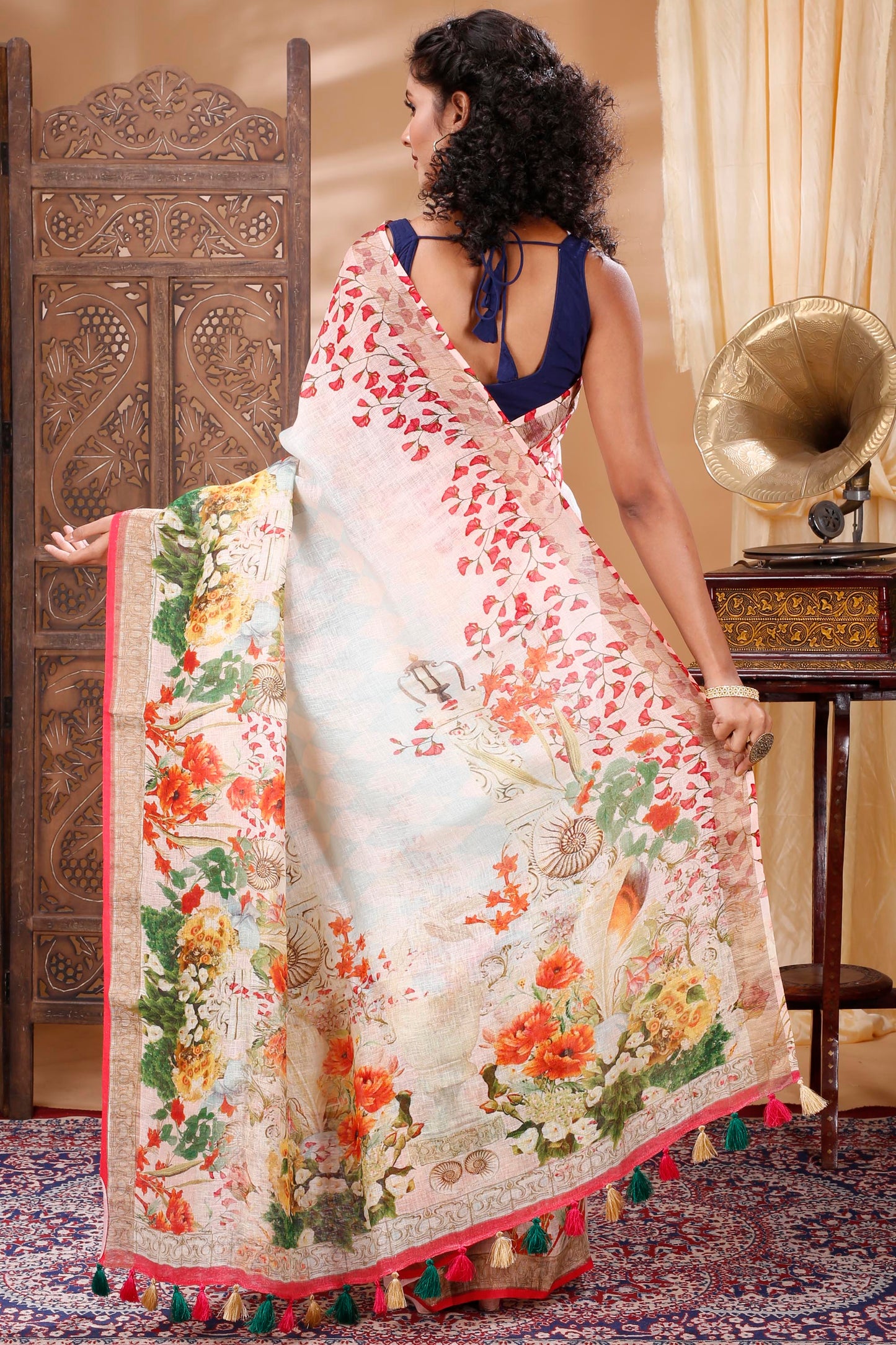 Off-White Floral Digitally Printed Linen Saree
