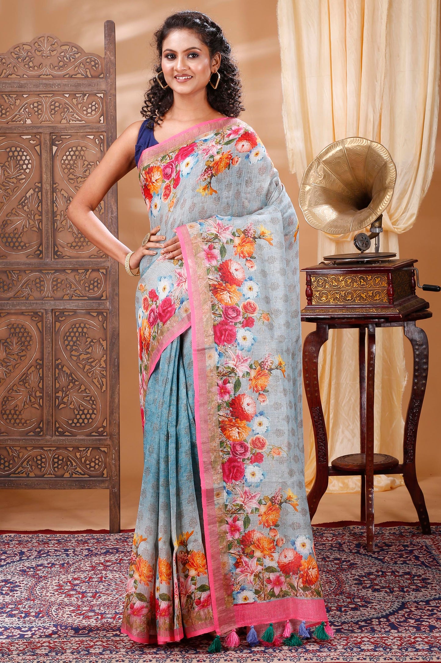 Pink  n Blue floral digitally printed linen saree