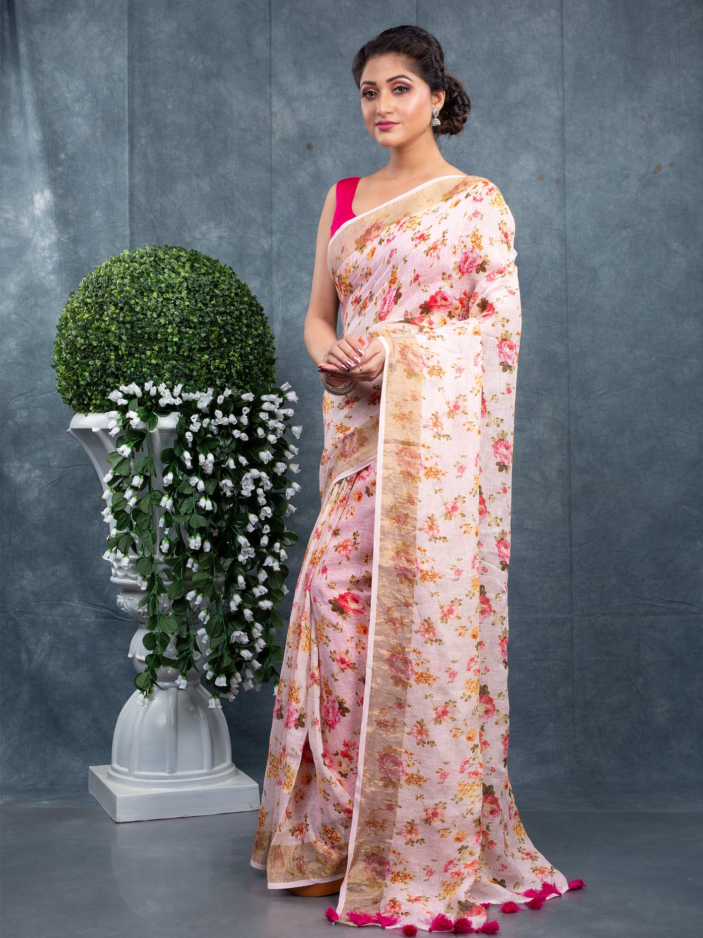 Off white linen floral digitally printed linen saree