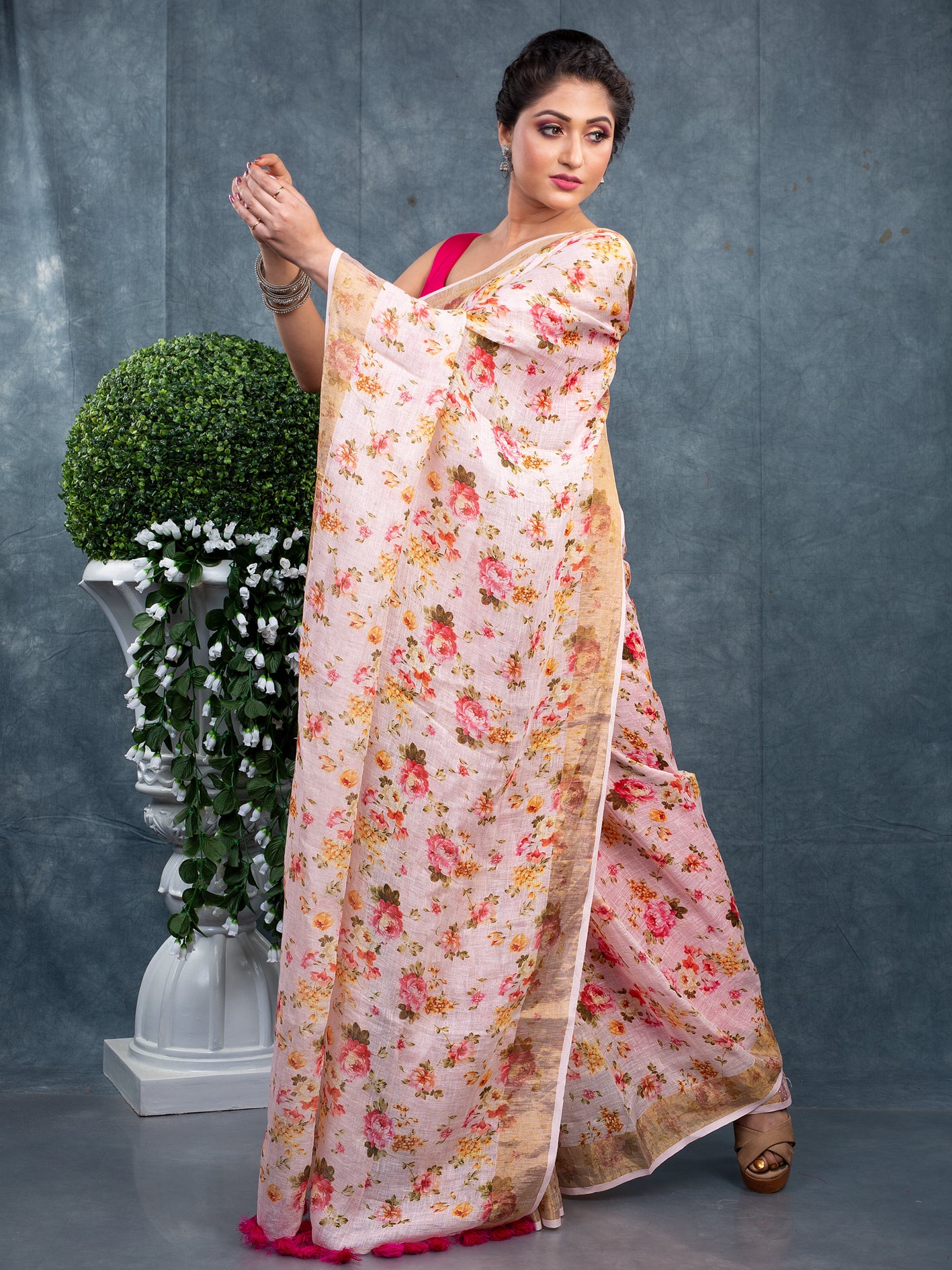 Off white linen floral digitally printed linen saree
