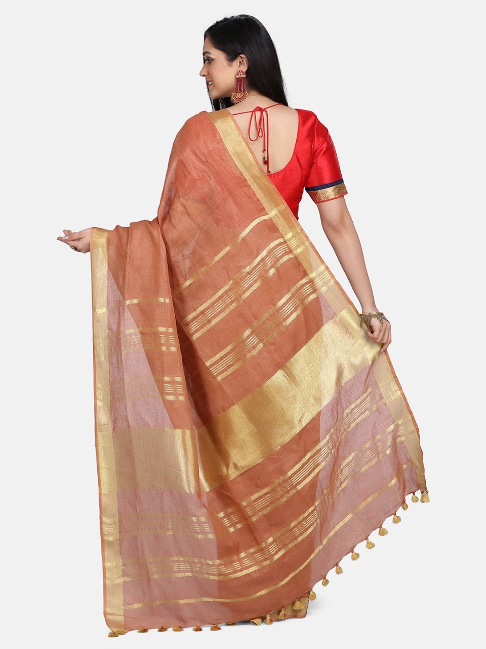 Brown Linen Saree with Gold Zari