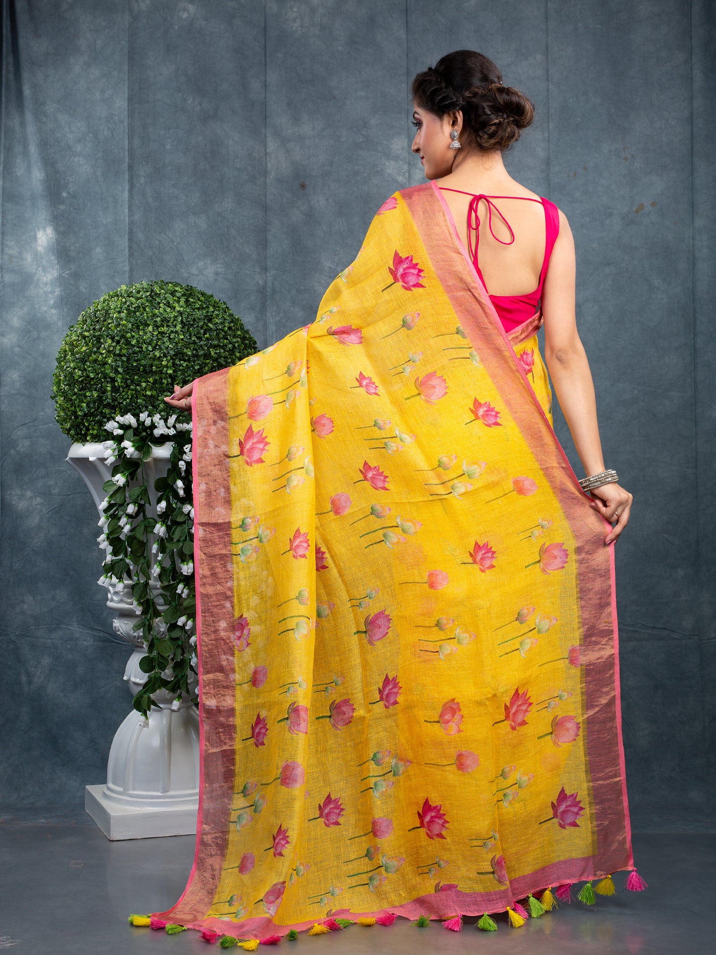 Yellow lotus floral digitally printed linen saree