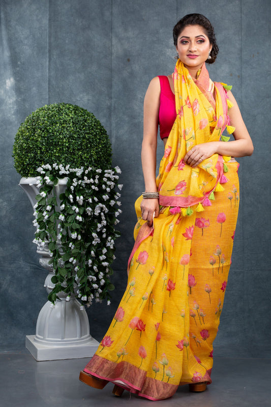 Yellow lotus floral digitally printed linen saree