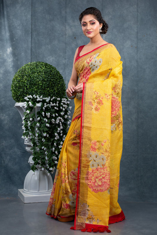 Yellow floral digitally printed linen saree