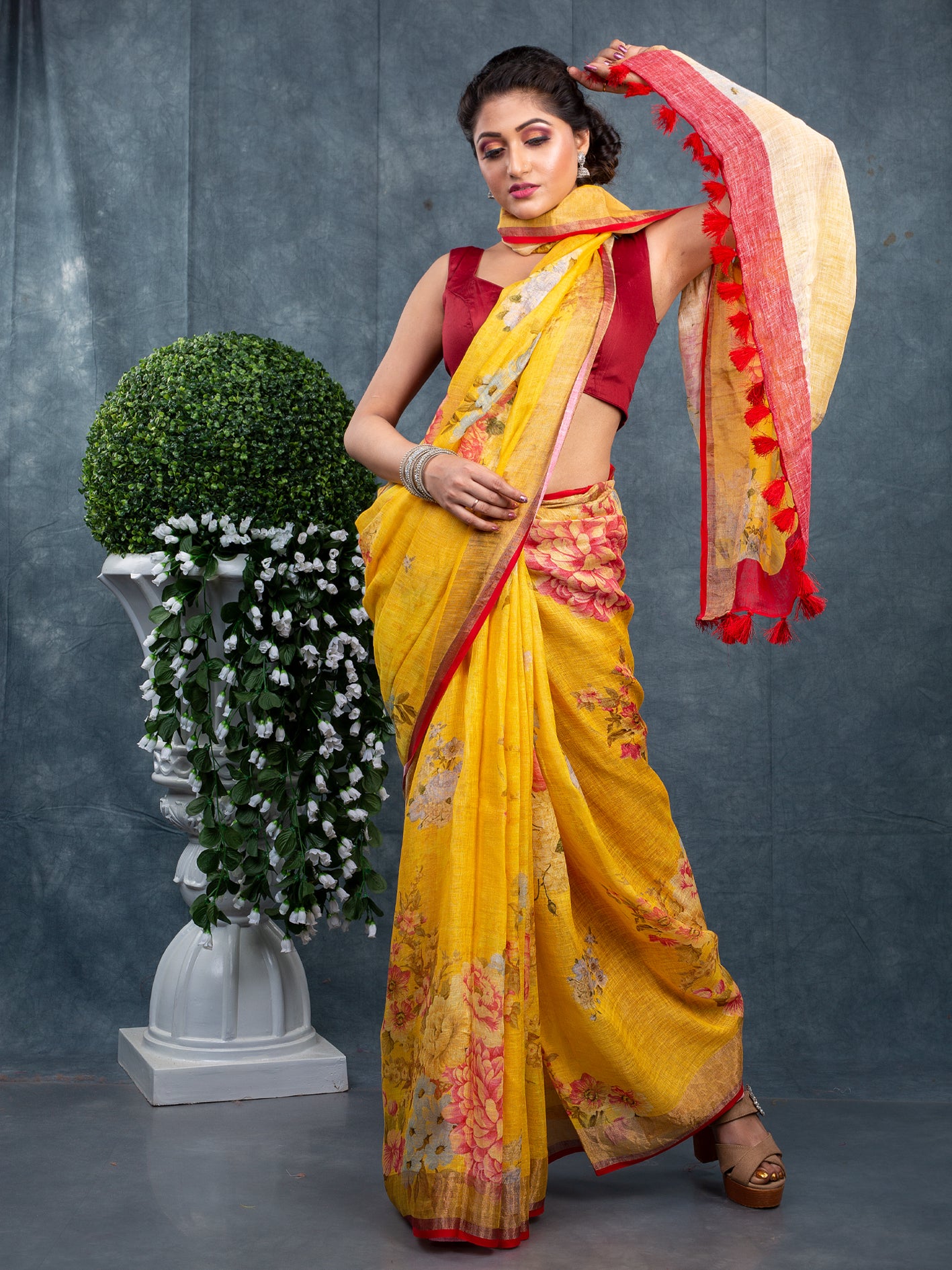 Yellow floral digitally printed linen saree