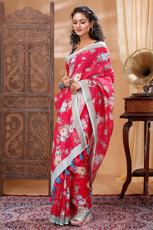 Red n Blue digitally printed linen saree