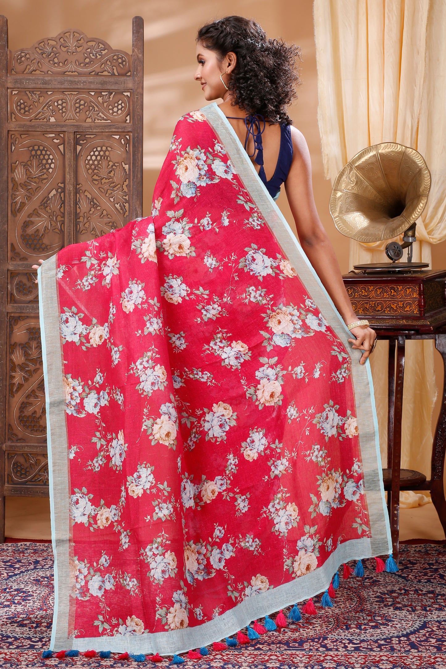 Red n Blue digitally printed linen saree