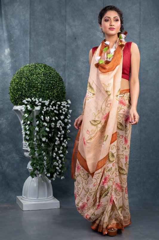 Peach Floral Digitally Printed Linen Saree