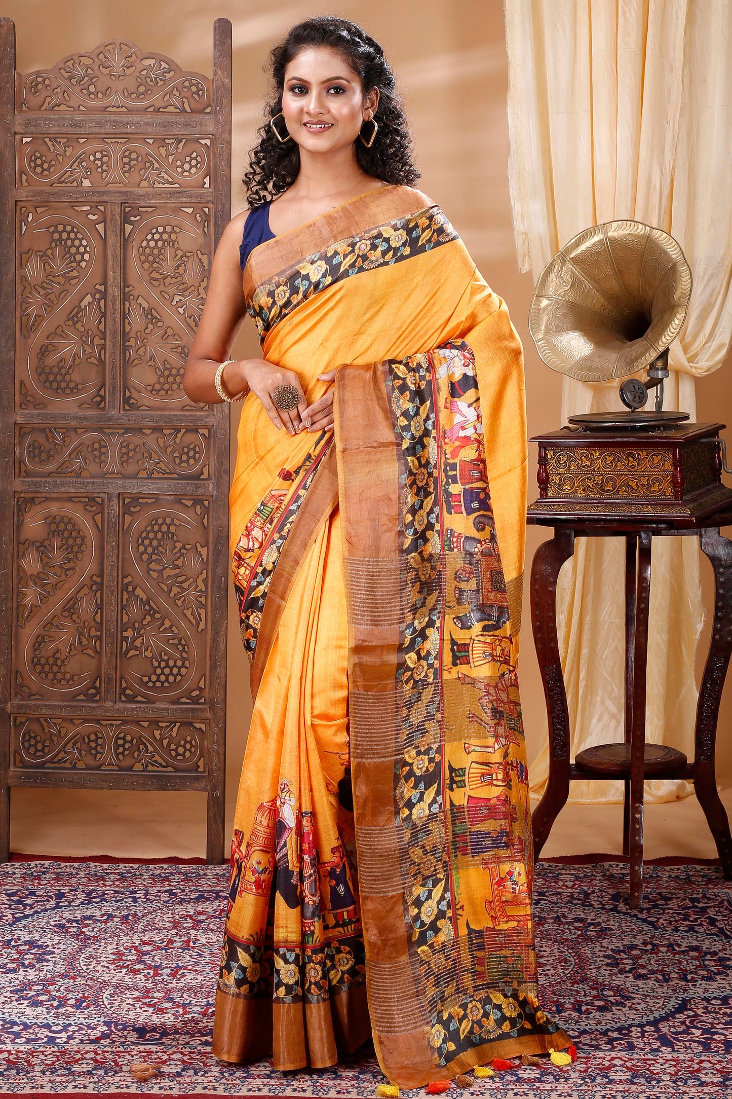Gold Base Kalamkari Digitally Printed Tussar Silk Saree