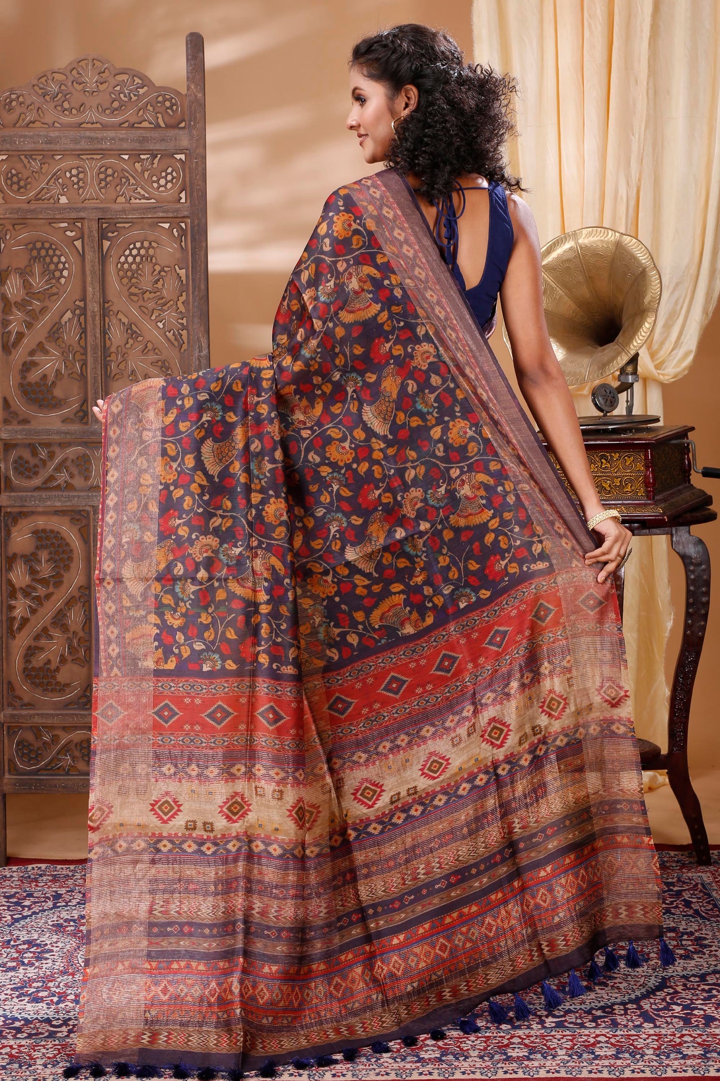 Royal Blue Multicolor Tussar Silk Kalamkari Saree