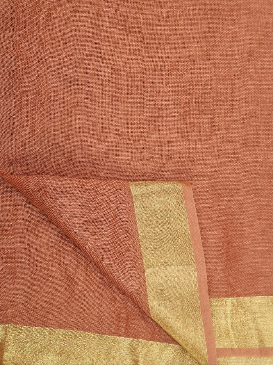 Brown Linen Saree with Gold Zari