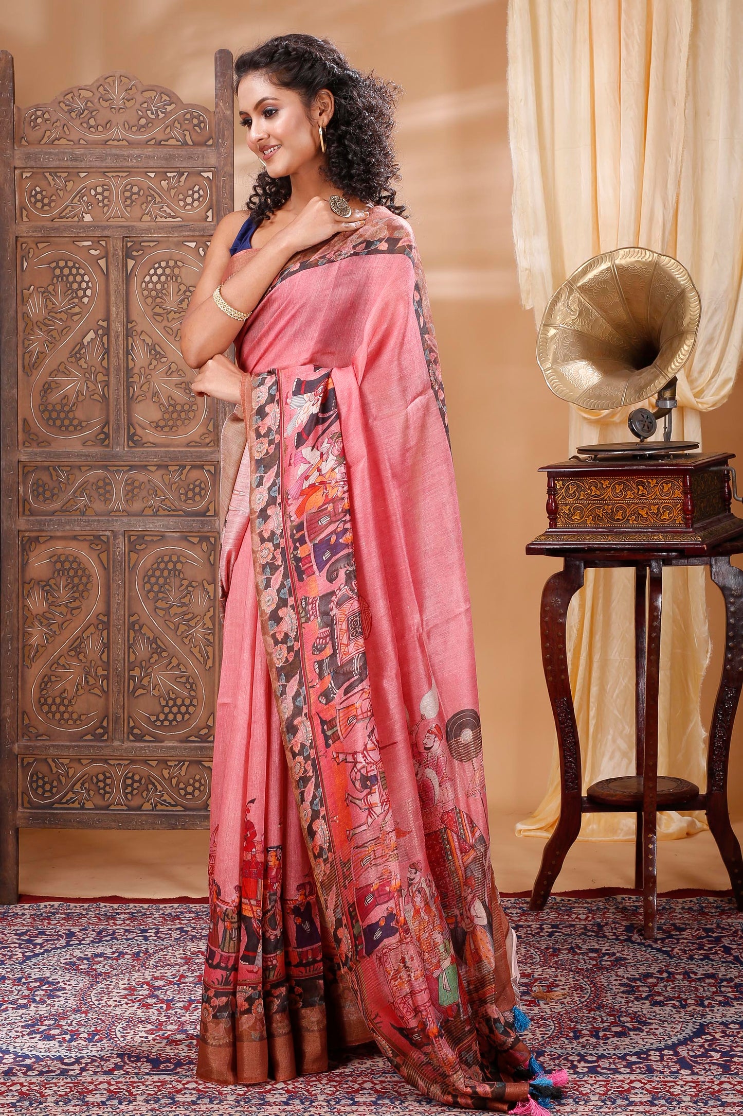 Pink Kalamkari DIgitally Printed Silk Saree