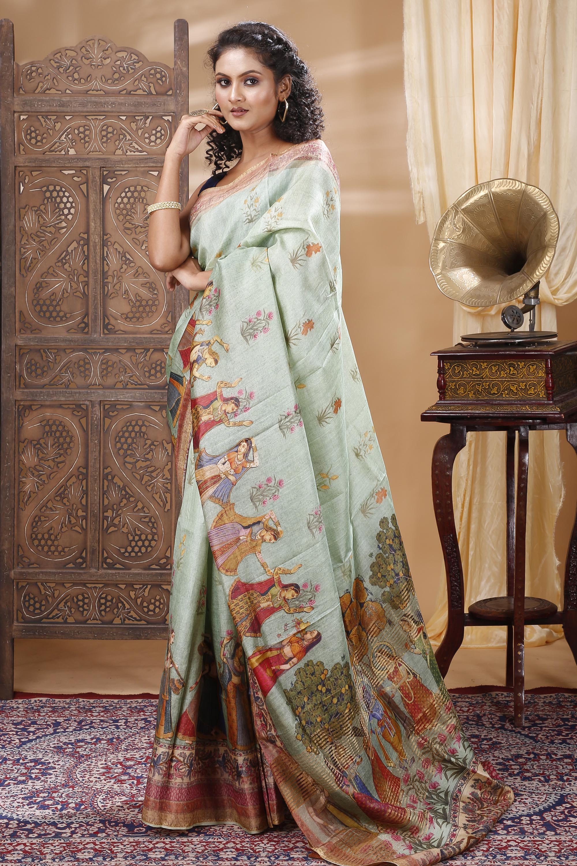 Kalamkari Printed Tussar Silk Saree in Pink - Ucchal Fashion