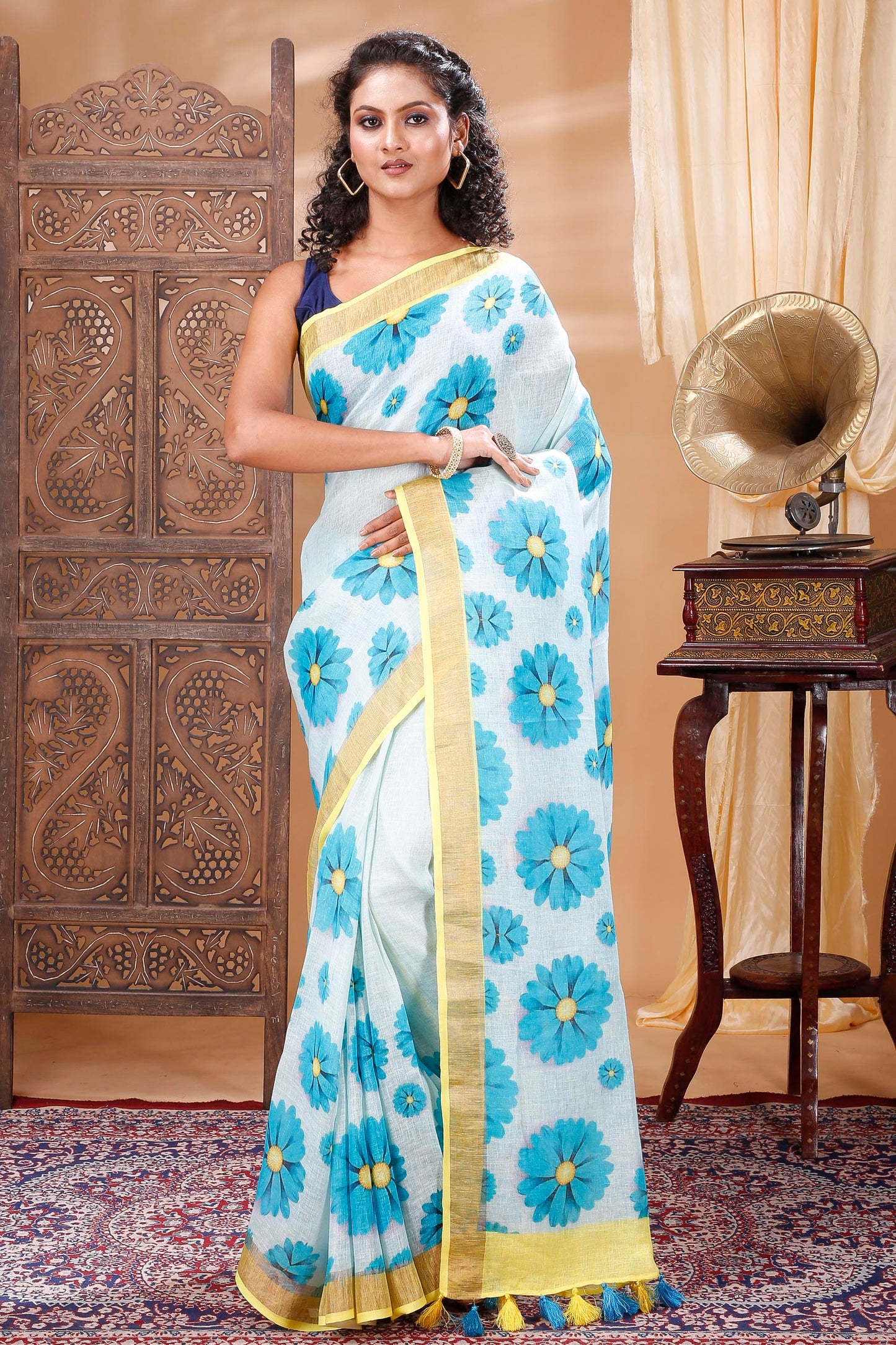 Light blue floral digitally printed linen saree
