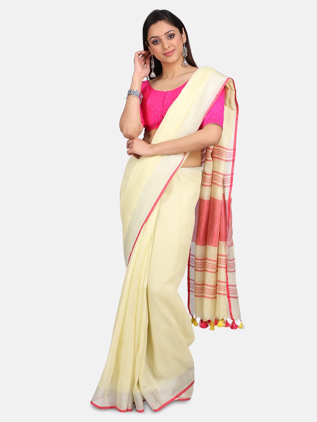 Off-White Linen Saree with Pink Zari