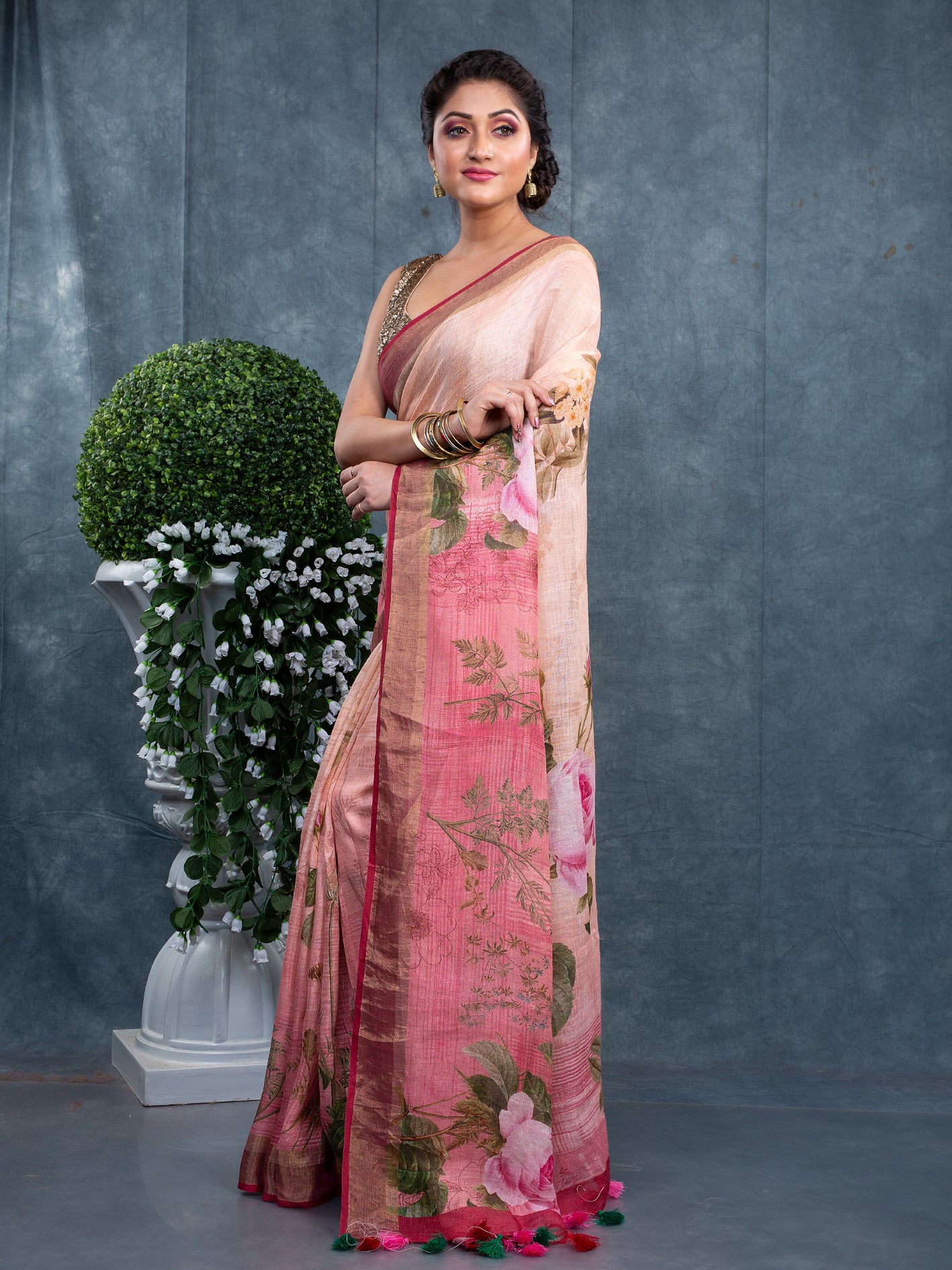 Pink floral digitally printed linen saree