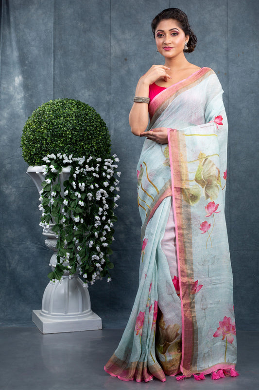 Pastel Blue Floral Digitally Printed Linen Saree