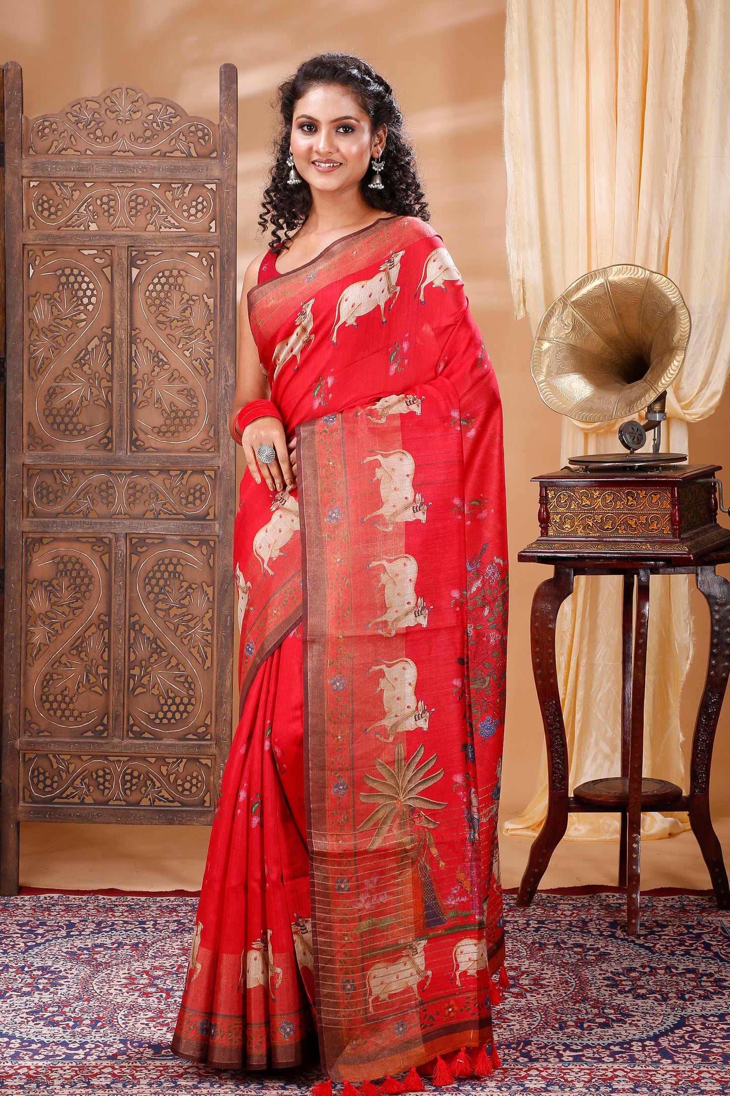 Royal Red Tussar silk pichwai printed saree
