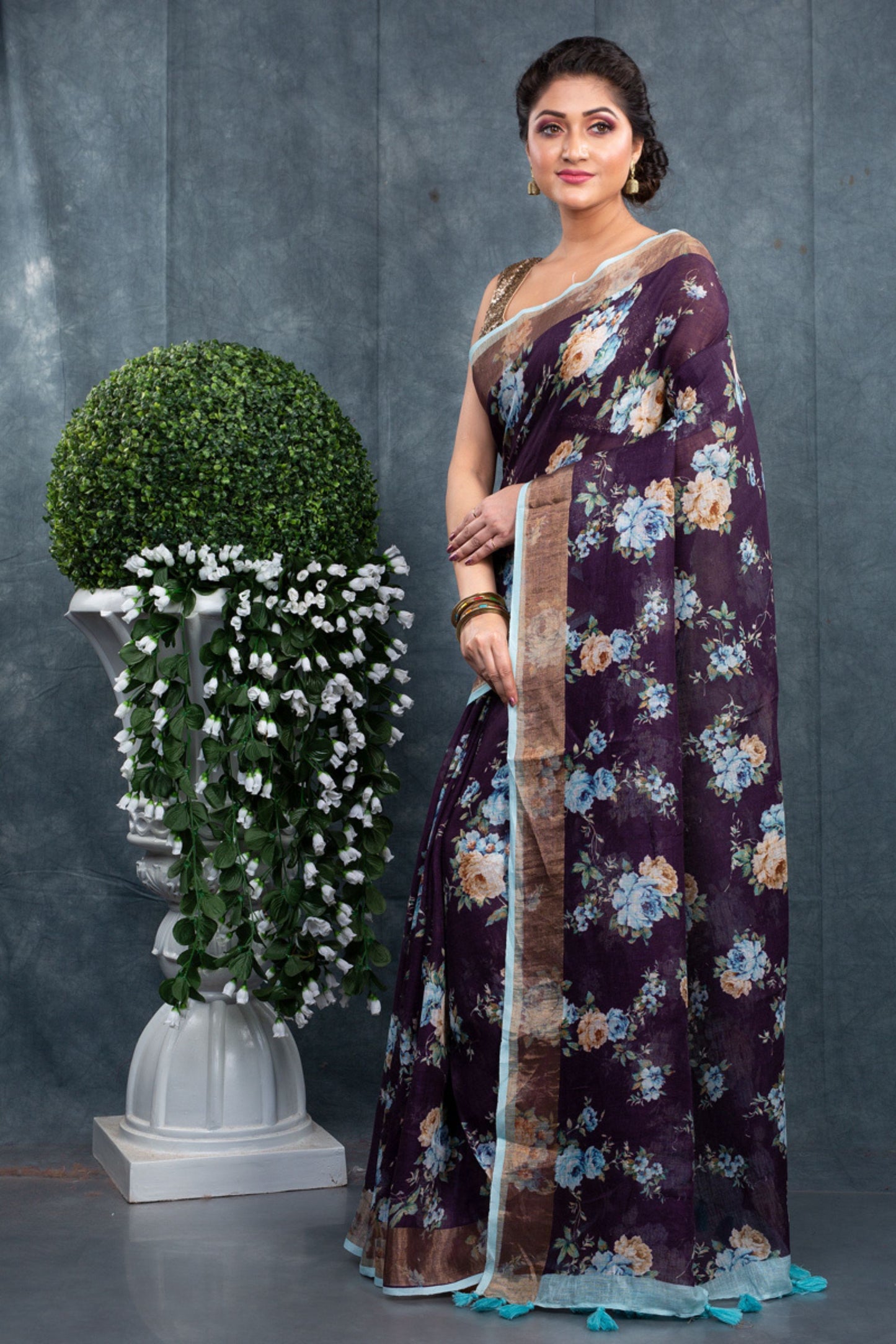 Purple Floral digitally printed linen saree