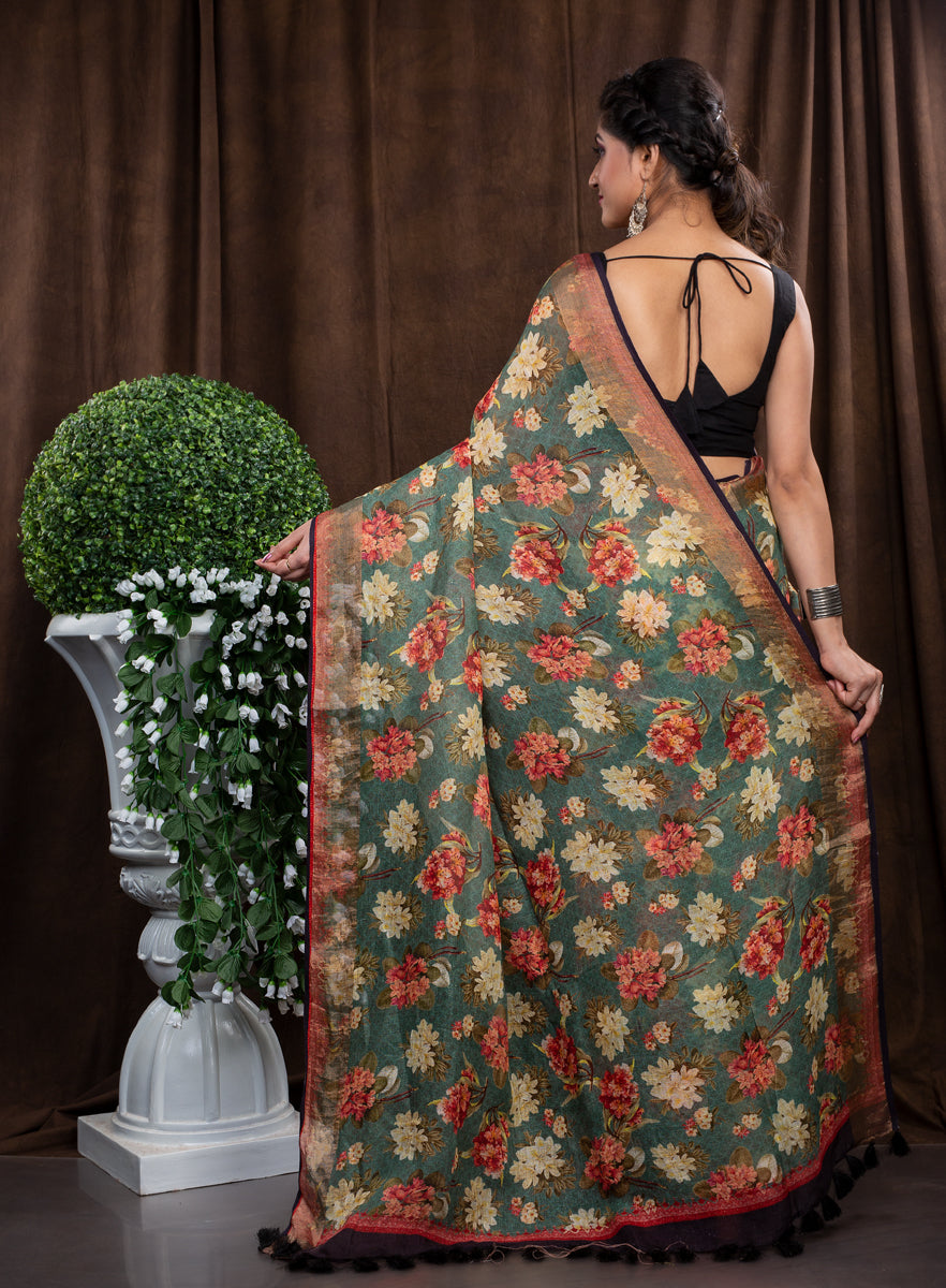 Sap green floral digitally printed linen saree
