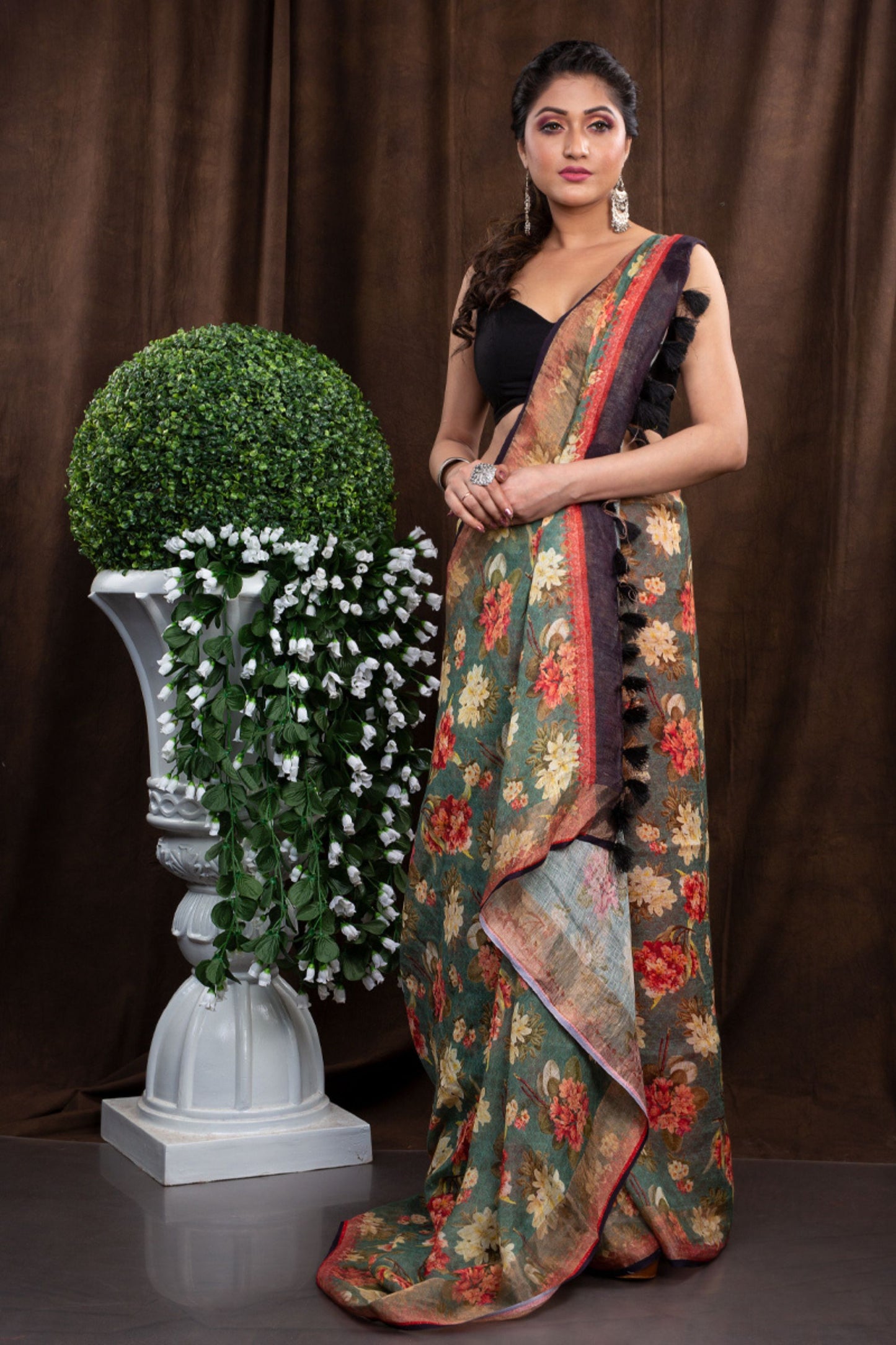 Sap green floral digitally printed linen saree