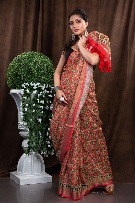 Red floral digitally printed linen saree