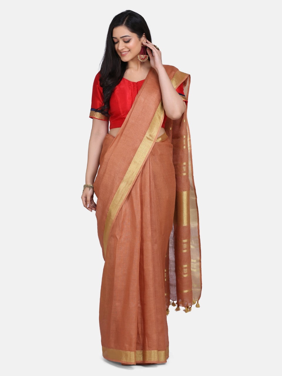 Brown Linen Saree with Gold Zari