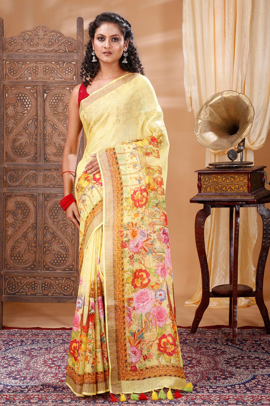 Lime Yellow digitally printed linen saree