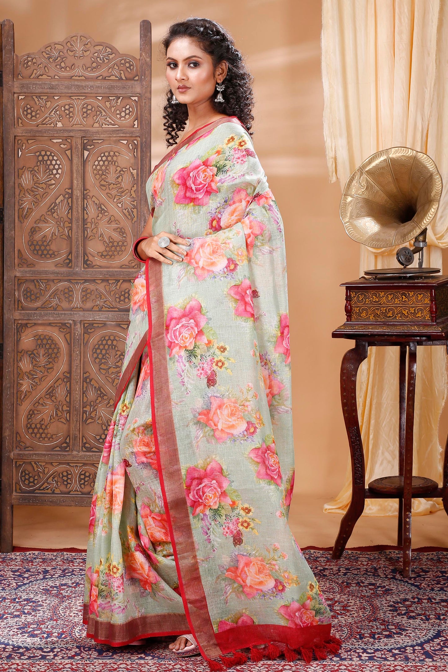 Pastel floral digitally printed linen saree
