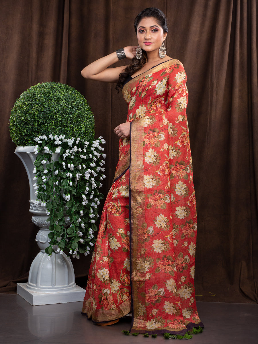 Maroon red floral digitally printed linen saree