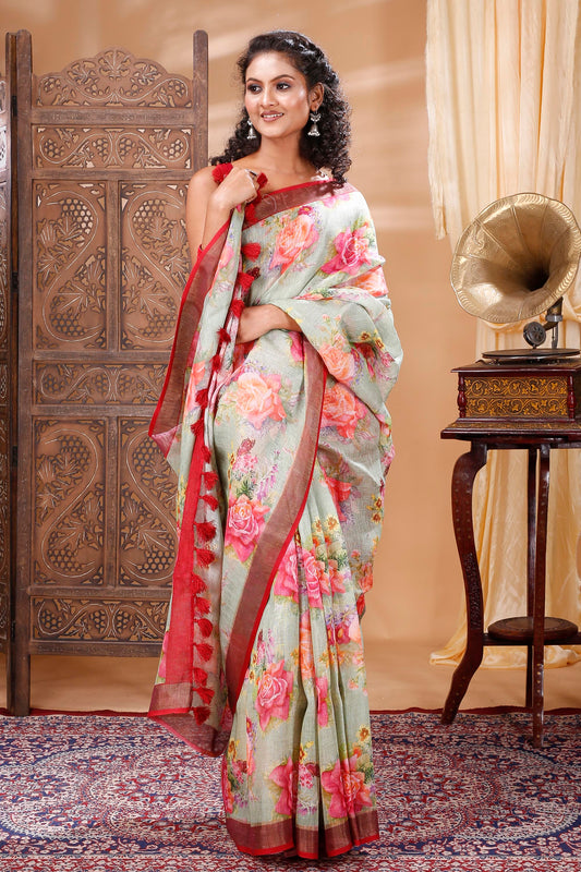 Pastel floral digitally printed linen saree