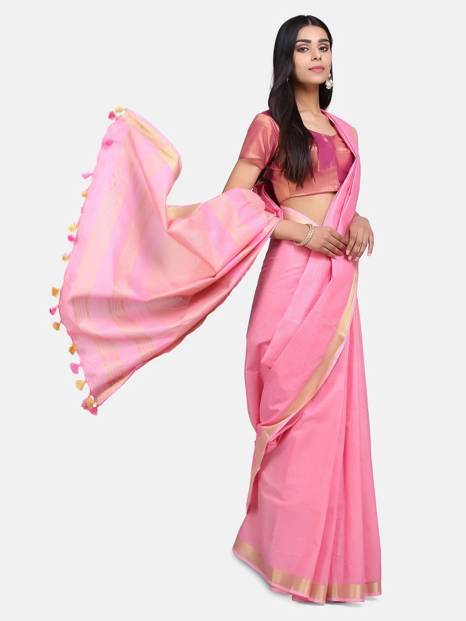 Baby Pink Linen Saree with Gold Zari