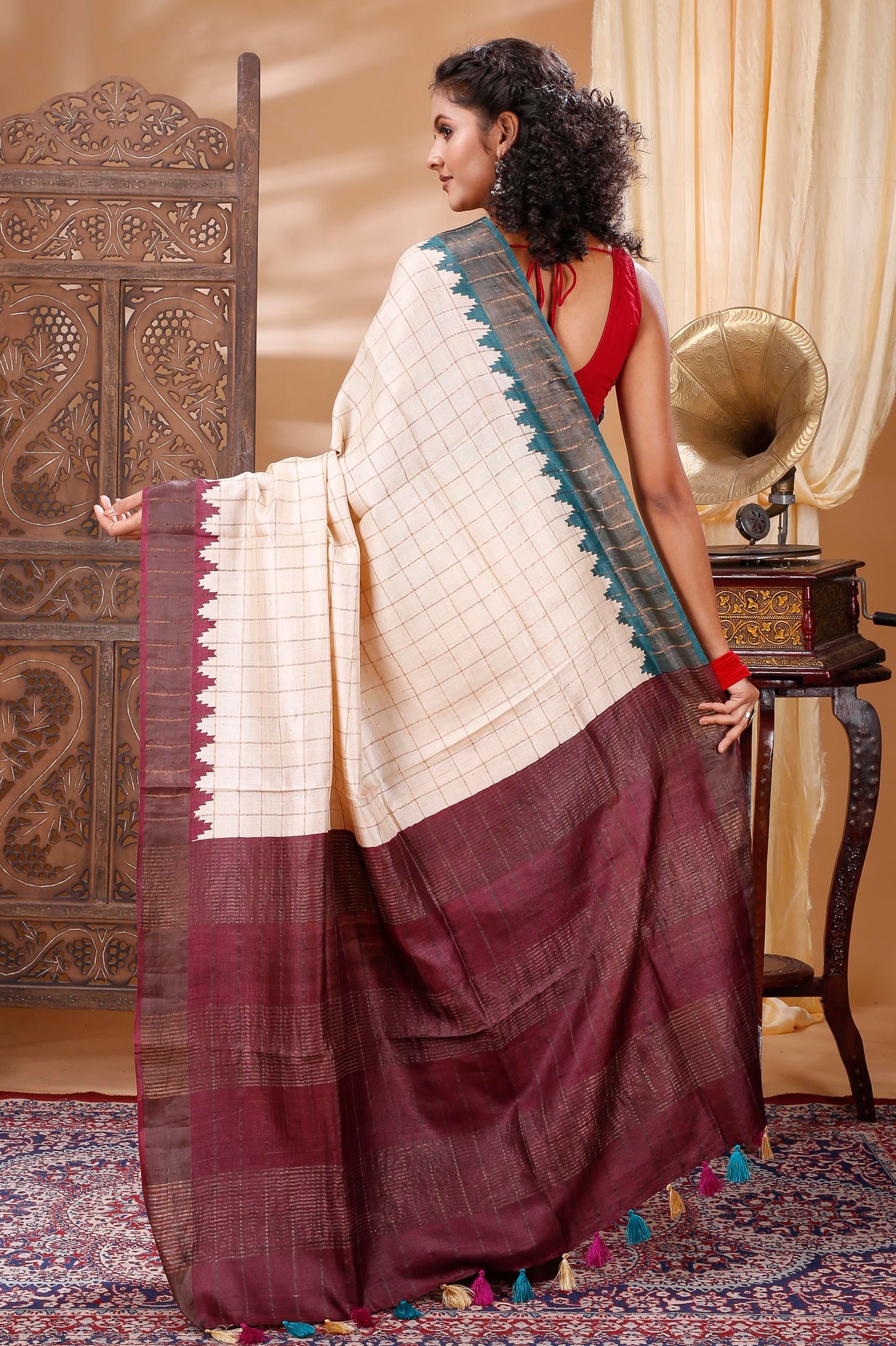 Tussar silk digitally printed temple border saree