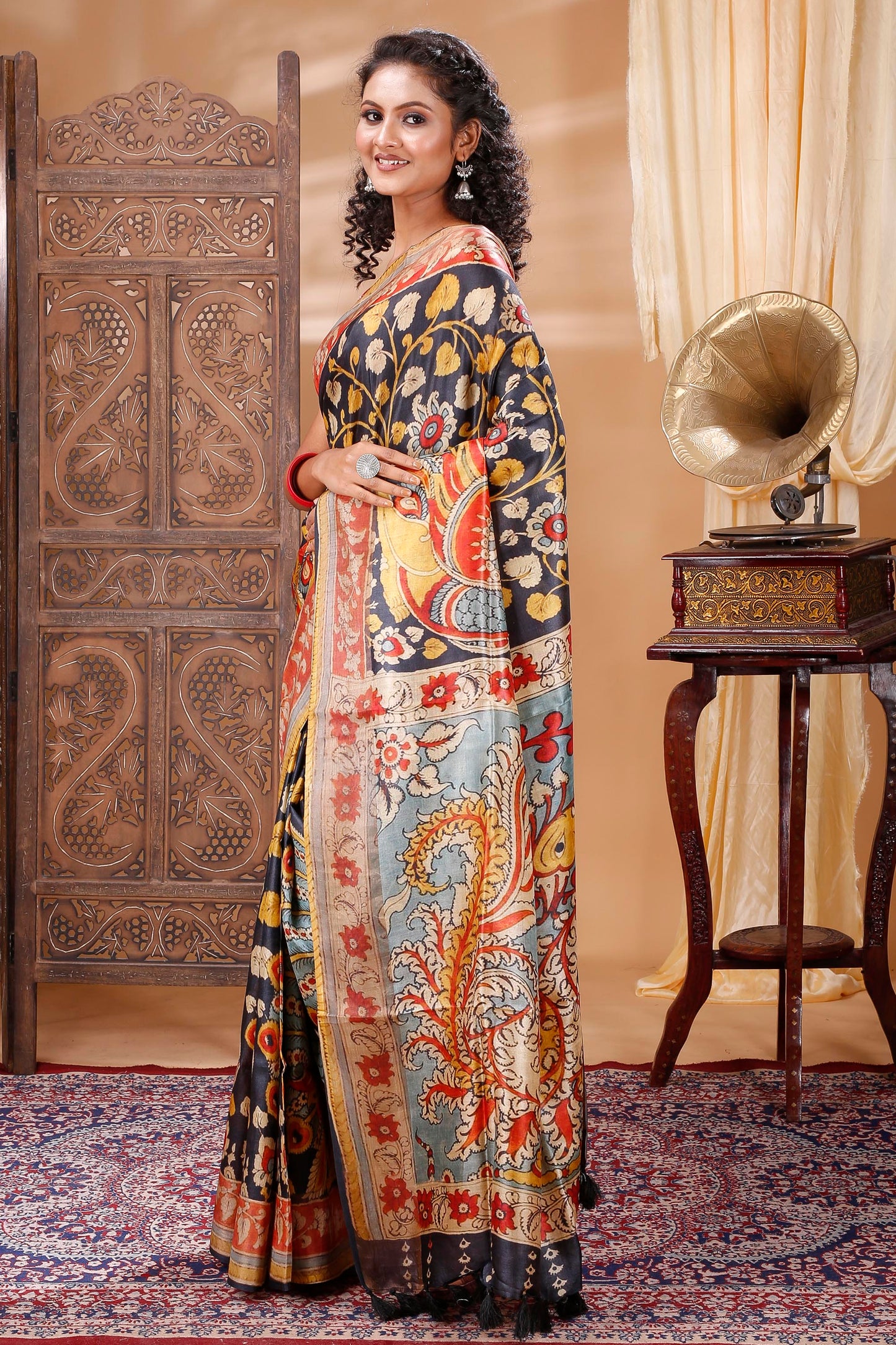 Multicolor Kalamkari and Floral Digitally Printed Tussar Silk Saree