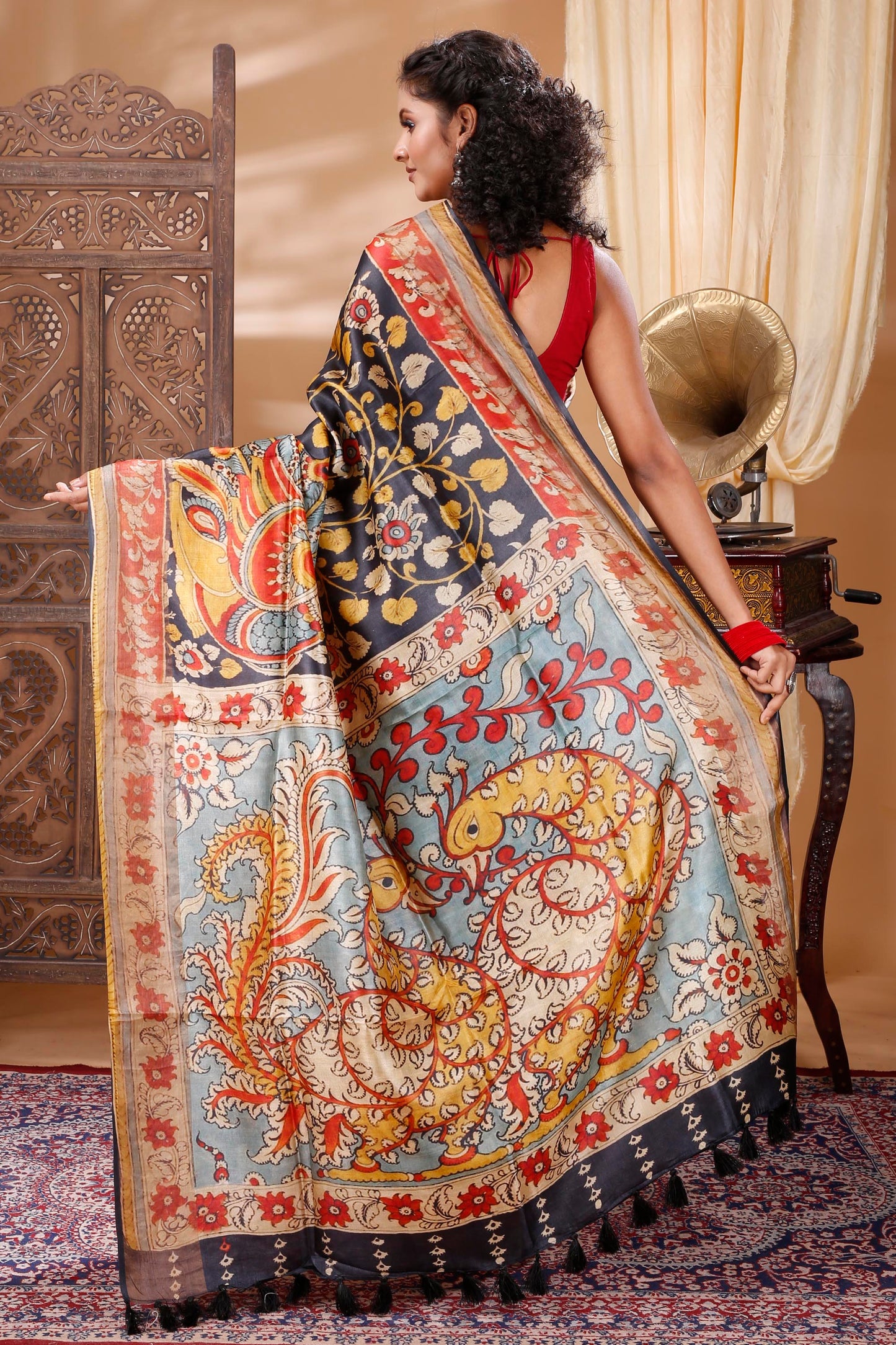 Multicolor Kalamkari and Floral Digitally Printed Tussar Silk Saree