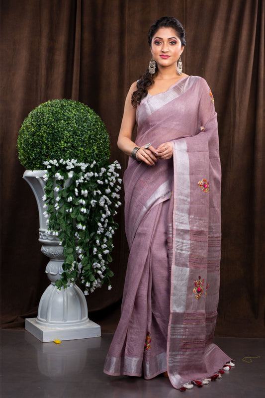 Linen hand embroiderd lavendar zari saree