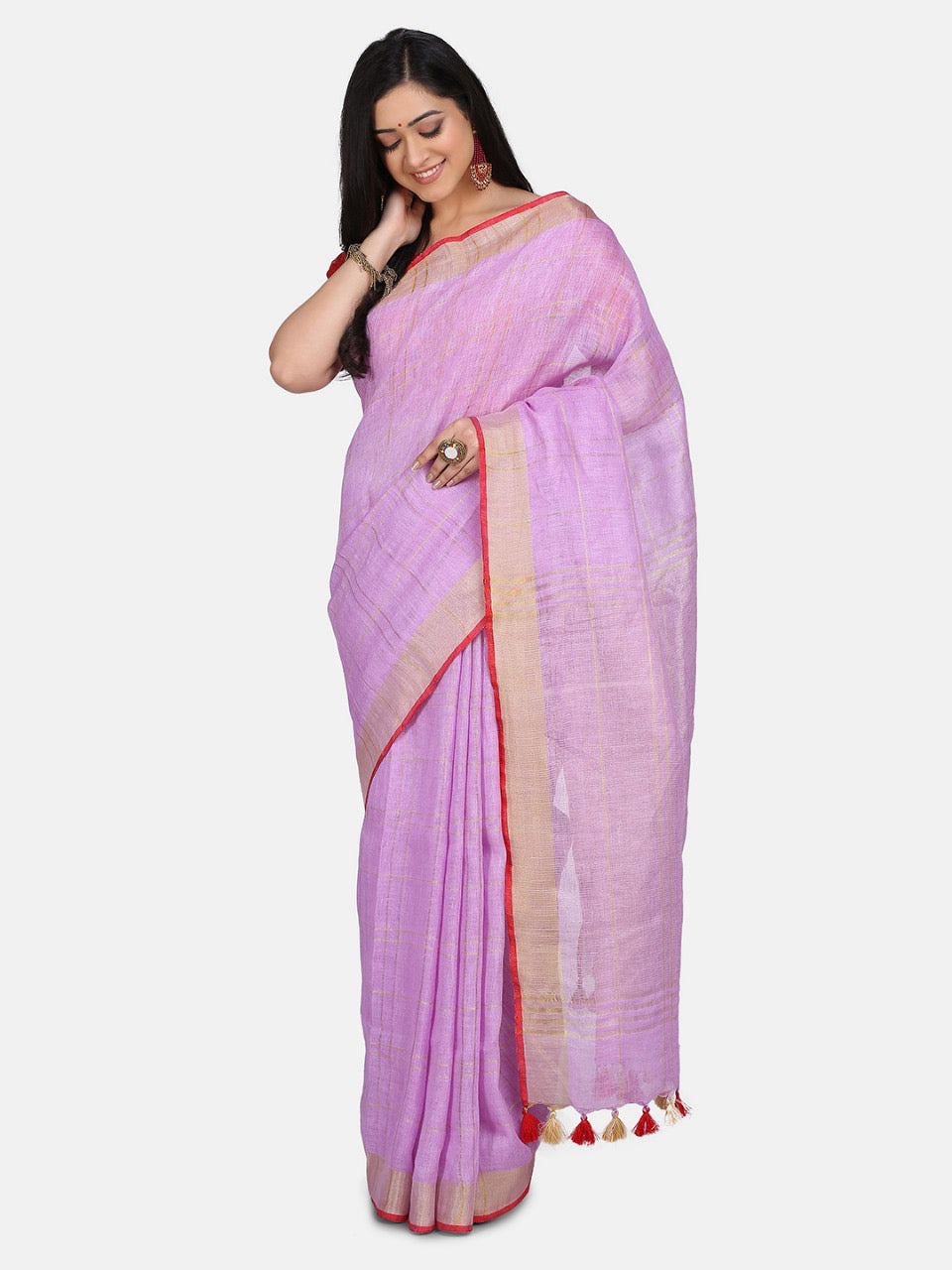 Lavendar Linen Saree with Red Zari